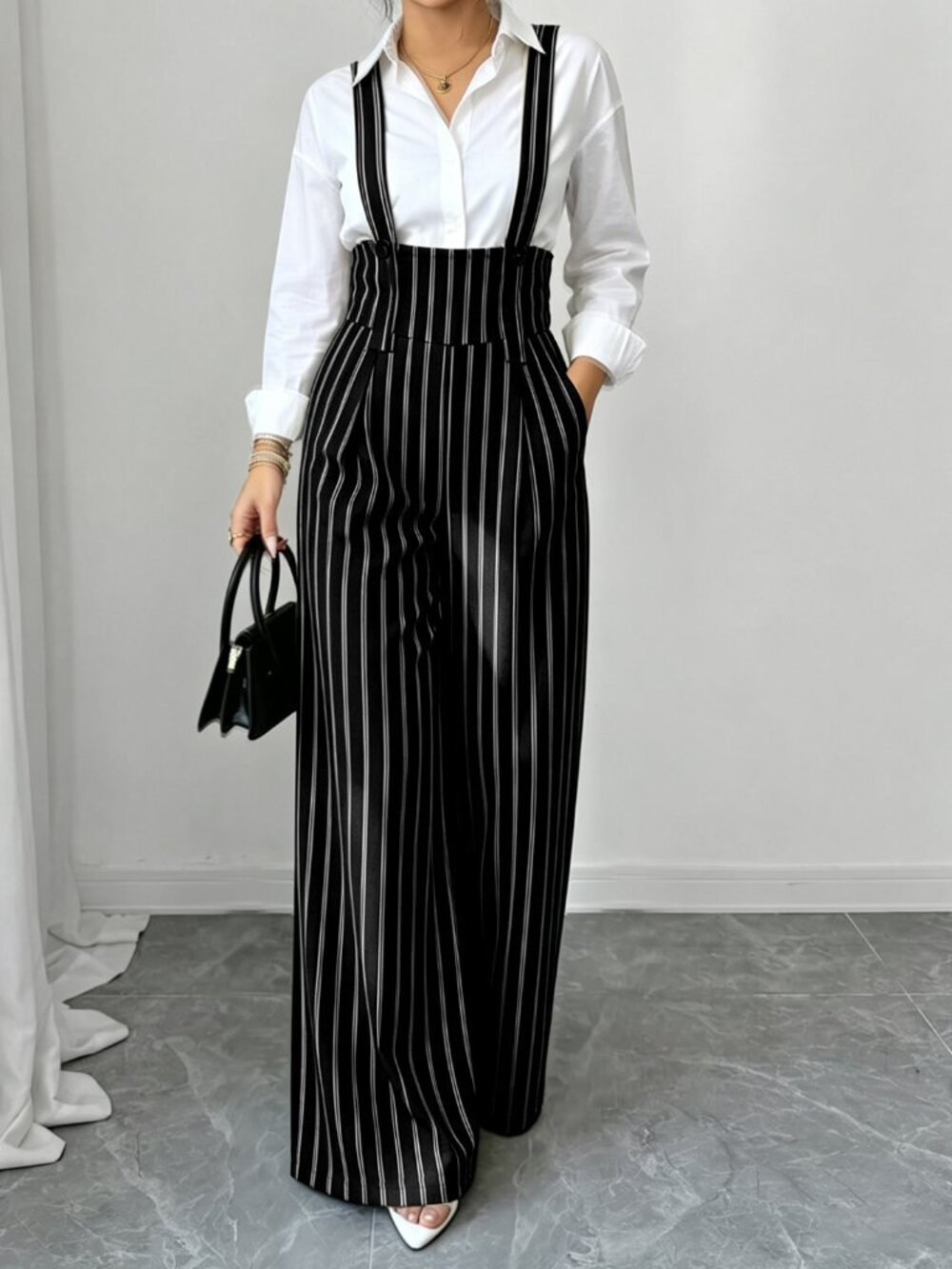 Black Elegant Women's Striped High Waist Loose Overall Pants - Picture 4 of 5